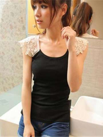 Women Fashion Casual Sleeveless Round Neck Lace Paneled Slim Vest Crop Tops