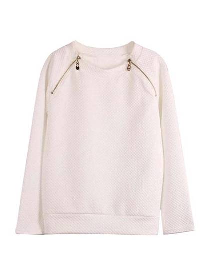 Women Fashion  White Round Neck Tanks Long Sleeve Side Zipper Pullover Sweatshirt Crop Tops