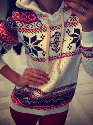Women Fashion White Hooded Neck Long Sleeve Snowflake Pullover Hoodie Top Sweaters & Cardigans