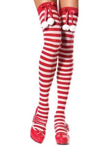 Cute Sexy Christmas Santa Costume White Red Thigh high Stockings /w Balls