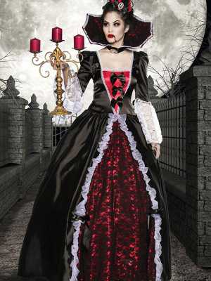 Deluxe Vampire Queen Women Adult Costumes Full Length Ball Gown Dress Set Halloween Costumes