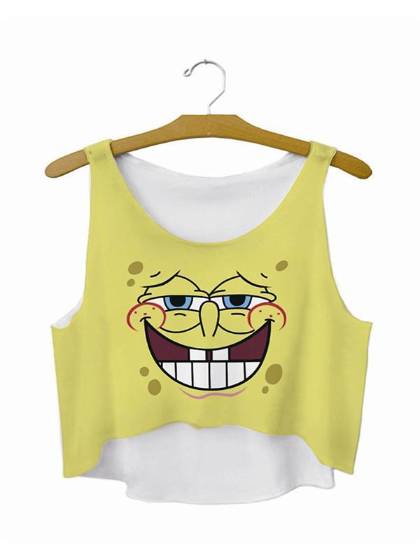 Women fashion yellow color sponge smile print sleveless vest crop top shirt