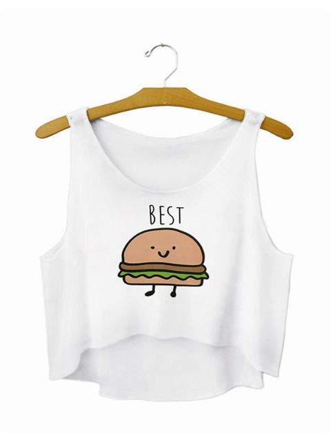 Women fashion  casual sport white  color  digital Hamburger print sleveless vest crop top shirt