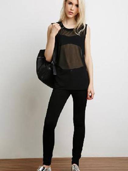 Hot  Black Mesh Fashion Sleeveless Short Front  Hollow Out Sexy T-shirt Tank Vest Net Yarn Cover up