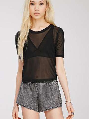 Hot  Black Mesh Fashion Short Sleeve  Hollow Out Sexy T-shirt Blouse Net Yarn Cover up