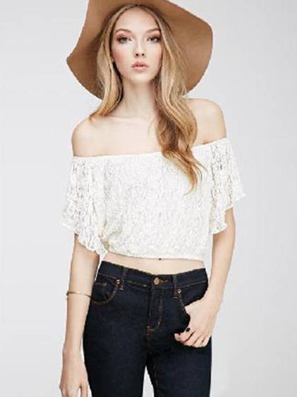 Fashion White Lace Off-shoulder Elegant Casual Loose Short Crop Tops T-Shirt Blouse