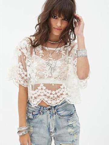 Fashion Women Casual Summer Clothing O-Neck Perspective Hollow Out Lace Blouse Tops Shirt