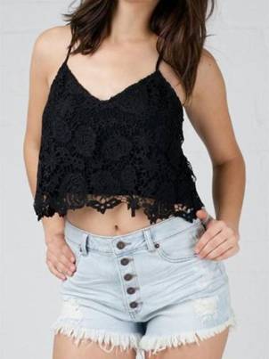 Women's Fashion Sexy Black Strap Rose Lace Crop Camisole Tops