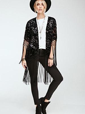 Women Fashion Sweet Black Semi Sheer Longline Kimono Blouse Top With Tassels