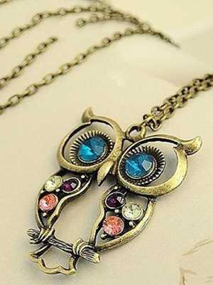 Retro Fashion Vintage Rhinestone Crystal Big OWL Pendant Long Chain Necklace (Color Bronze)