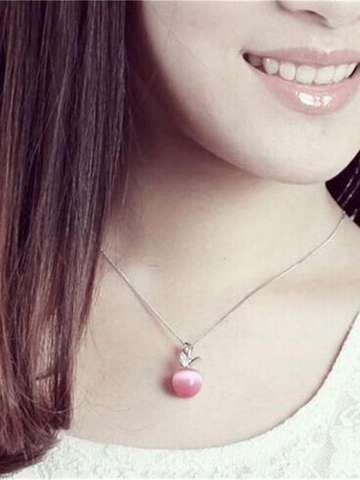 Fashion Women White Gold Plated  Rhinestone Crystal  Moonstone Apple Necklace Shiny Pendant Jewelry Gift