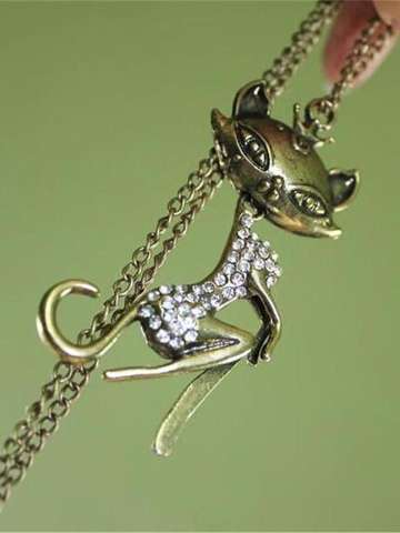 Vintage Bronze Sexy Cat Crystal Long Necklace Retro Animal Plant Pendants Sweater Coat Necklaces