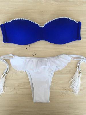 Women Sexy Beach Wear Pearl Jeweled Strapless Bandeau Bikini Set Ruffled Triangle Bottom