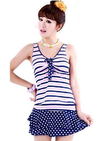 Summer Fashion Hot Spring Bathing Suit Conjoined Gathered Covered Belly Navy Stripes Monokini