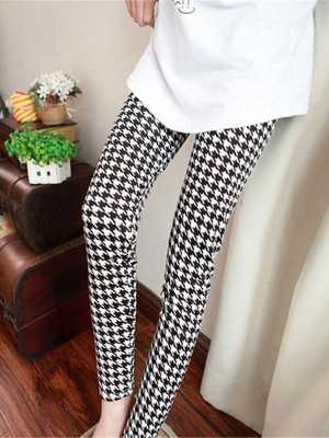 New Fashion Women Geometric Print Houndstooth Black White Silk Pant Tight Leggings