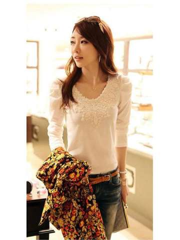New Korean Fashion Womens Long Sleeve Casual Tops Lace Shirt Blouse M-XXL 2Color