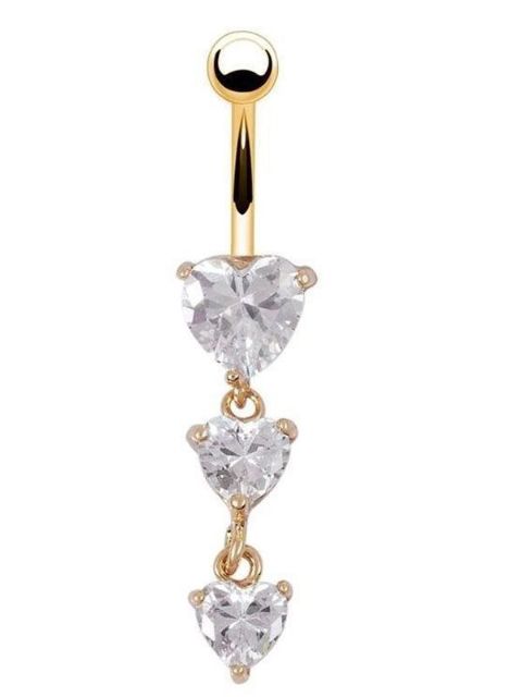 Body Piercing Gold Plated Crystal Navel Rings Surgical Steel 3 Heart Clear Rhinestone Dangle Belly Button Rings