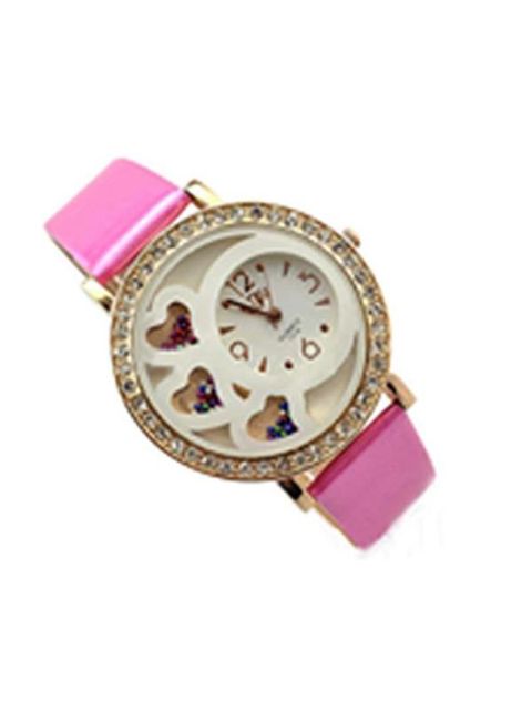 Women's Fashion Diamond Sweet Hearts Decorated Round  Dial Quartz Analog Wrist Leather Strap Watches