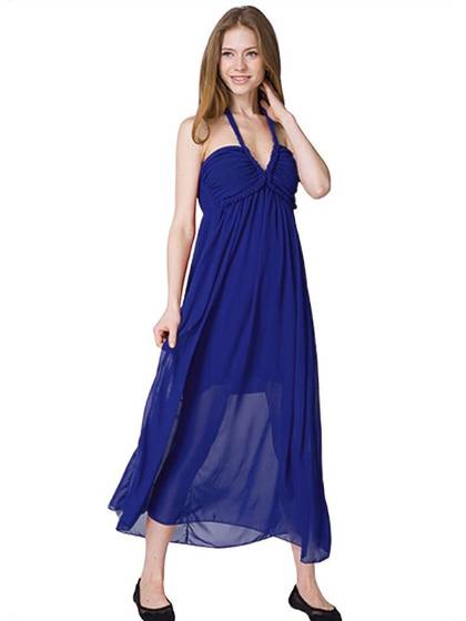 Women Bohemian Maxi Sexy Ice Silk Dress Halter V-Neck Long Dress Holiday Chiffon Summer Beach Dresses