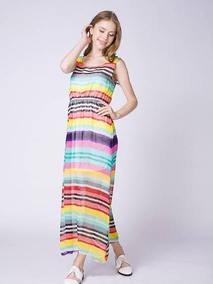 HOT SALE !!! Halter Strapless Rainbow Striped Vest Sleeveless Dress Bohemian Beach Dress Long Dress Holiday Summer Beach Dresses - TQ