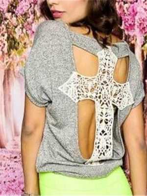 Women's Sexy Solid Sweet Sexy Back Lace Cross SlimShort Sleeve Top Tee T-shirt