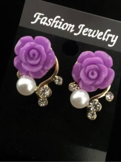 New Fashion 18K Gold Plated Cute Sweet Rose Shaped Artificial Pearl and Diamond Stud Earrings for Women Ladies Girls