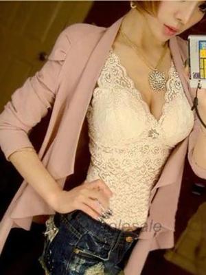 fashion women's sexy full lace Perspective With a chest pad Deep V-neck bottoming Lace vest