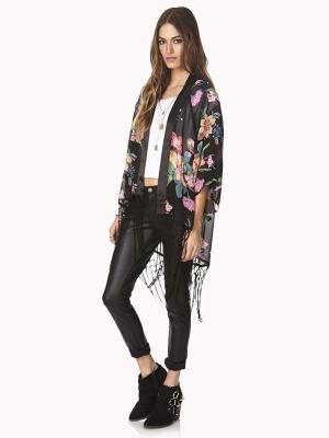 Black Floral Print Japan Robe style Shirt Blouse Tassel Cover Up