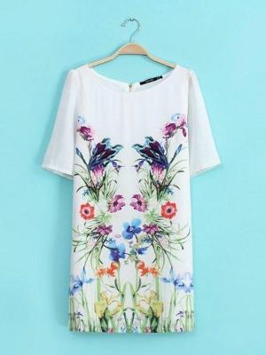 Floral Print White Short Sleeves Formal Vintage Dress Party Cocktail Dress