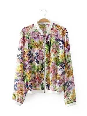 Floral Pattern Zip Jacket Outerwear Coat Parka Casual Punk Jacket Jumper Biker Jacket Chiffon Blouses