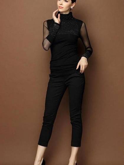 Women Black Diamonds Stud Mesh Paneled Long Sleeves Turtleneck Blouse Top