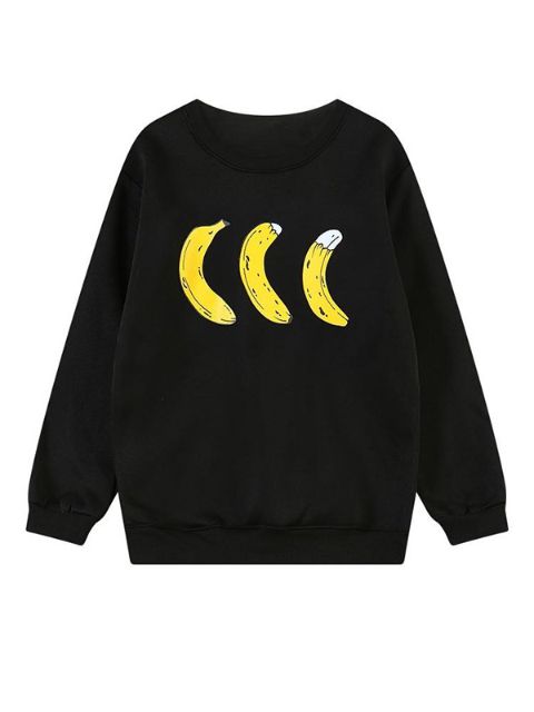 Unisex Harajuku Style Cute Banana Print Crewneck Black Sweater Pullover Sweatshirt Blouse Tops