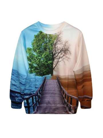Women's Fashion seperate world Pattern Digital Print Long Sleeve Pullovers Sweatshirts & Hoodies (Blue)