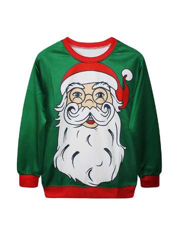 Womens Christmas Santa Face Snow Deer Boat Neck Long Sleeve 3D Sweatshirt T-shirt