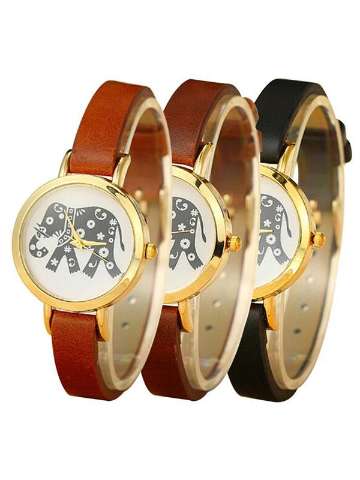 Vintage Elephant Animal Graphic Leather Analog Quartz Wrist Watch Women's Watches
