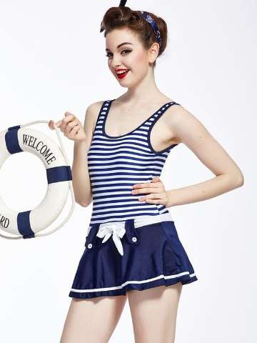 Fashion Navy Blue Stripes Vintage Retro Pin Up Girl 50s' Swimsuit Swimwear Monokini Beachwear
