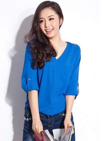 2015 New Women Studded Long Sleeve V Neck Chiffon Blouse Top Solid Color