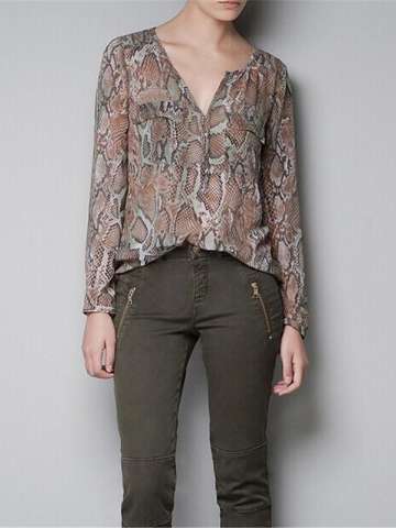 2015 New Women Long Sleeve V Neck Snake Blouse Top With Button placket