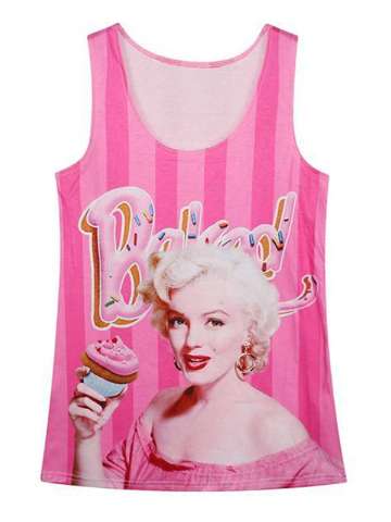 Women's Super Star Print Crop Tops Streetwear Clubwear Gothic Tanks(Hot Pink)