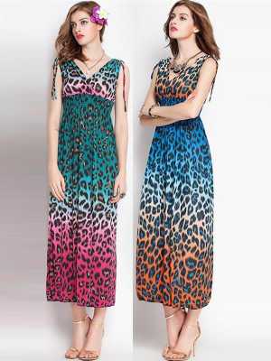 Women's Oversize Deep V Bohomian Style Sleeveless Colorful Leopard Print Long Chiffon Maxi Dress