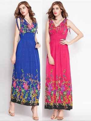 Womens Bohemian Oversize Deep V Bohomian Style Sleeveless Flower Print Long Chiffon Maxi Dress
