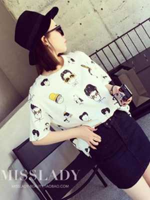 Women Sweet Boyfriend White Cartoon Print Short Sleeve Tunic T-shirt Long Top