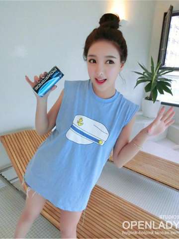 Women Sweet Boyfriend Azure Blue Hat Print Solid Color Round Neck Sleeveless Long T-shirt Top