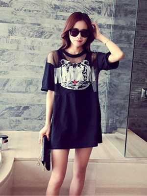 New Women Cool Boyfriend Letter And Tiger Print Medium Sleeve Loose T-shirt Top In 2 Color