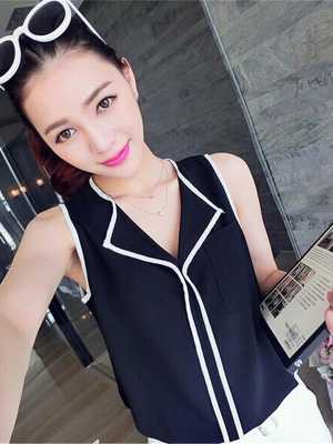 New Women Looseand Leisure Chiffon  Sleeveless Shirt  Turndown Neck  Shirt Top