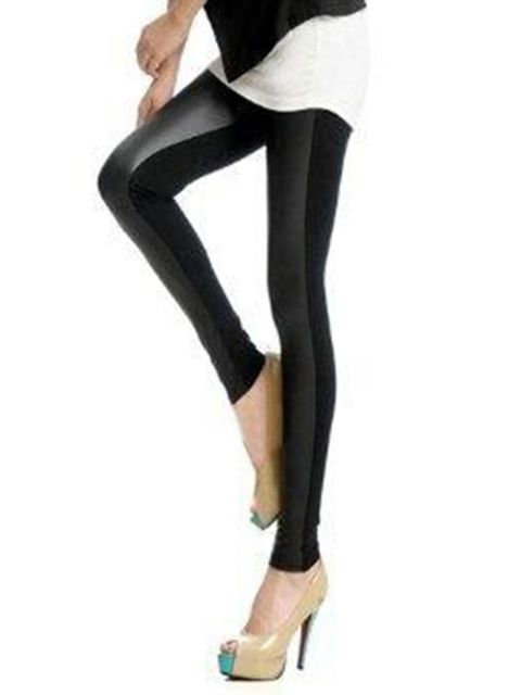 Women Half Faux Leather Front Lycra Back Footless Legging Tregging Tight Skinny Slim
