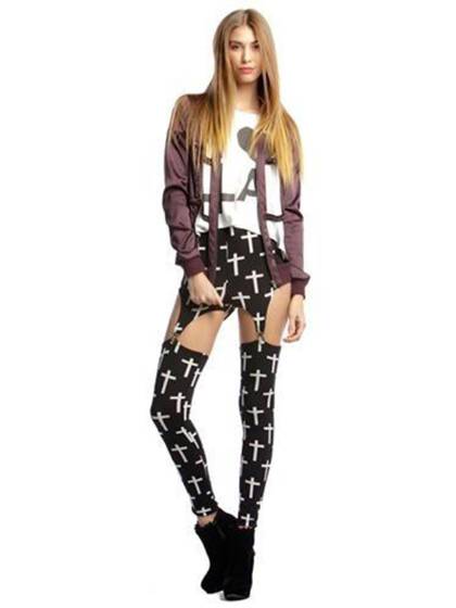 Fashion Rock Punk GARTER BUCKLE Women Stripes Print Leggings Pants Tights