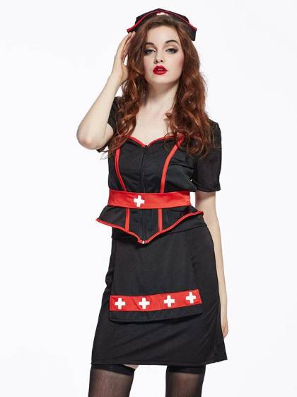 Fancy Party Dress Women's Gothic Black Nurse Uniform Costume Dress Set Halloween Carniva