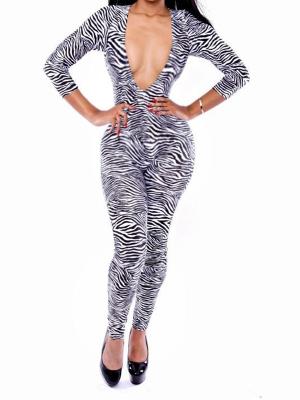 Trendy WOMEN'S Multi-color The Dream Plunge Jumpsuit (Zebra Print)  Bandage Bodycon Jumpsuit Catsuit Romper Bodysuit