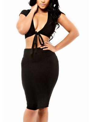 Trendy Celebrity Solid Black Spandex Deep-V Crop Top + Pencil Skirt Bodycon Bandage Dress